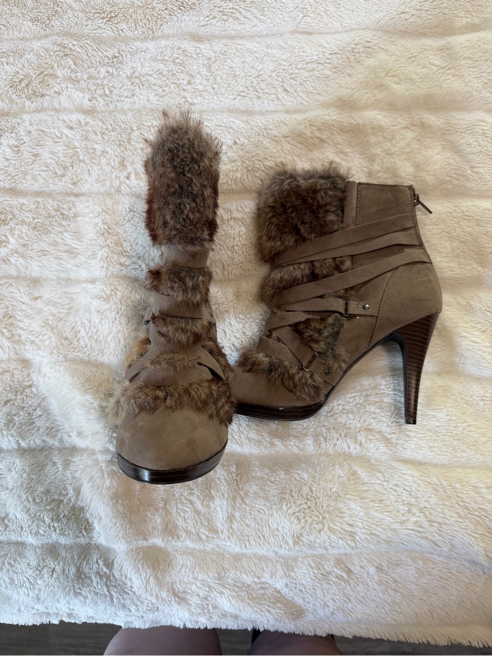 Faux Fur Suede High-Heel Ankle Boots - Taupe